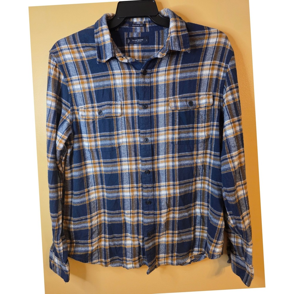Lucky Brand Mens Classic Fit Navy Blue Yellow Plaid Flannel Shirt L 7MS4001